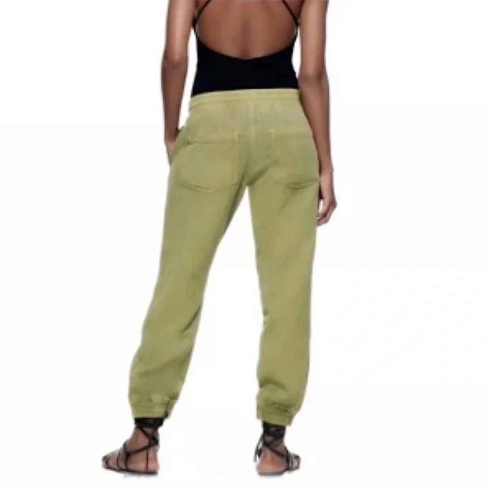 Zara Cargo Linen Jogger Cropped Pants with pockets in Olive Army Green XS
